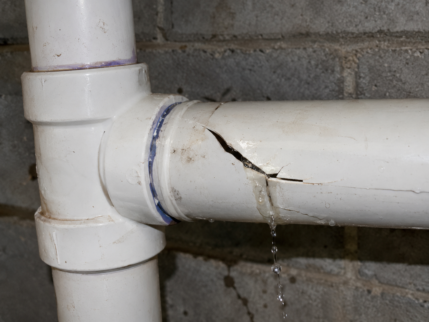 Cracked CPVC pipe joint leaking water