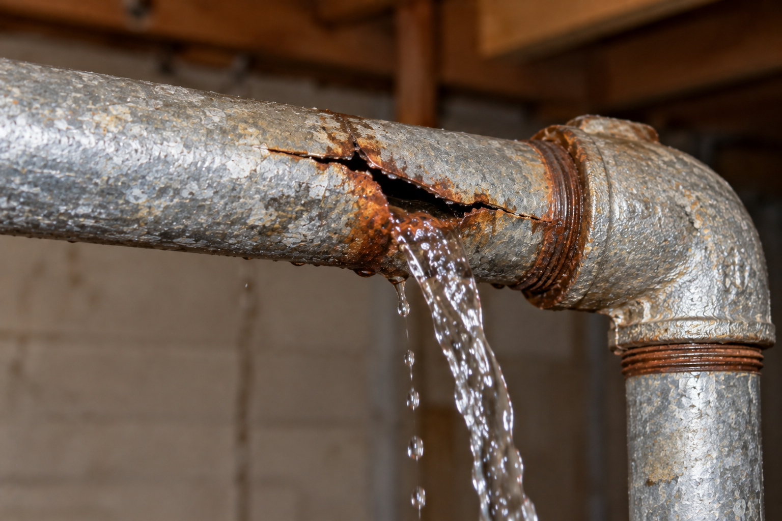 Burst galvanized steel pipe leaking in basement